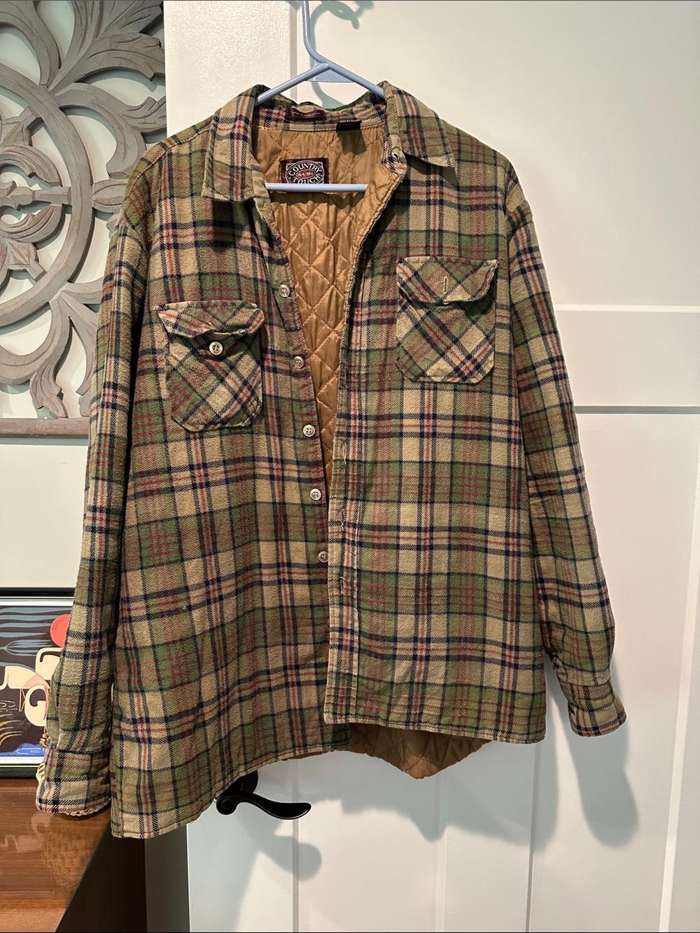 Quilt-Lined Plaid Button-Down Shirt Jacket - Olive/Tan
